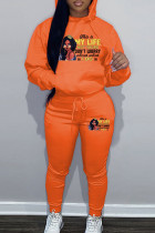オレンジ カジュアル プリント パッチワーク ドローストリング ポケット フード付き襟 長袖 XNUMX 枚