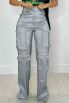 Pantalon gris décontracté uni, patchwork, taille haute, conventionnel, couleur unie