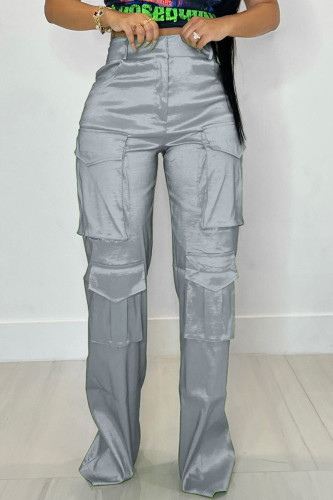 Grey Casual Solid Patchwork Regular High Waist Conventional Solid Color Trousers