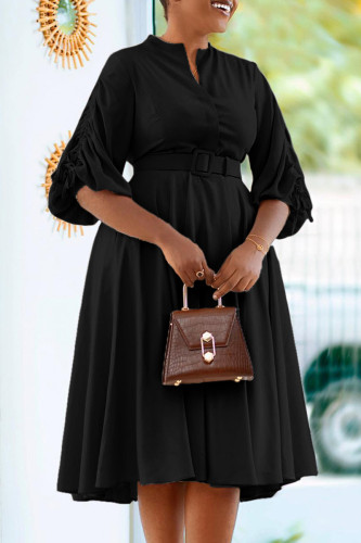 Black Elegant Solid Bandage Patchwork Fold With Belt Asymmetrical Collar A Line Dresses