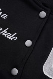 Casacos pretos casuais bordados em letras patchwork com decote em O