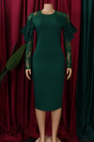 Grüne, elegante, einfarbige Patchwork-Kleider mit O-Ausschnitt und Wickelrock