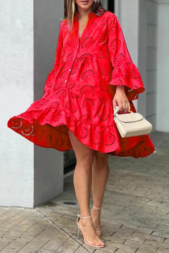 Deep Red Elegant Solid Lace Hollowed Out V Neck A Line Dresses