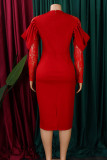 Vestidos de saia enrolados em patchwork de renda sólida elegante vermelha com decote em O