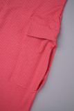 Rozerode casual effen basic jurken met U-hals en lange mouwen