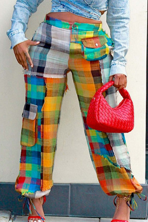 Multicolorido cor de rua bloco bandagem retalhos bolso botões zíper solto cintura alta perna larga retalhos bottoms