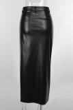 Negro Sexy parches lisos botones cremallera de apertura alta cintura alta Regular pantalones rectos de Color sólido
