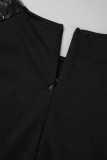 Vestidos de falda envueltos con cuello en O y retazos de encaje liso elegante negro