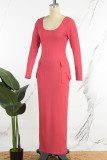 Rose Red Casual Solid Basic U Neck Long Sleeve Dresses