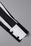 Colletto della camicia con fibbia patchwork a righe casual bianco nero, manica lunga, due pezzi