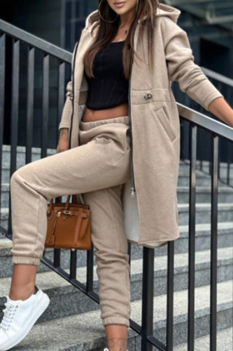 Khaki Casual Solid Patchwork Pocket High Opening Slit Zipper Hooded Collar Long Sleeve Two Pieces