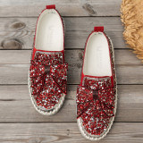 Zapatos planos casuales rojos con retazos y diamantes de imitación redondos y cómodos para exteriores