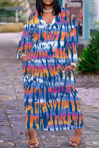 Blue Casual Print Basic V Neck Long Sleeve Dresses