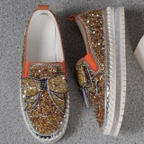 Zapatos planos cómodos redondos con diamantes de imitación y retazos informales naranjas para exteriores