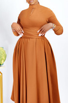 Bruine elegante effen uitgeholde patchwork O-hals A-lijn jurken