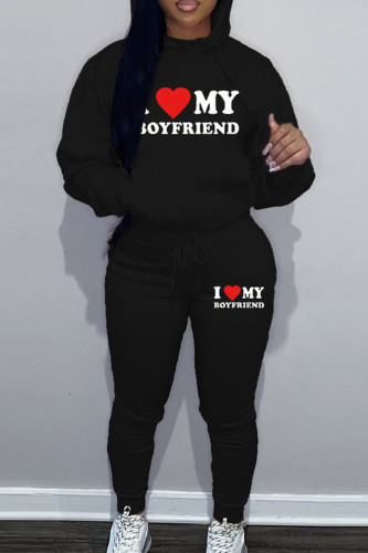 Black Sportwear Casual Letter Print Hooded Collar Long Sleeve Sweatshirt And Draw String Pants Two Pieces Sweatsuit Sets