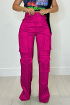 Розово-красный Повседневный Уличный Однотонный Лоскутный карман Прямые прямые однотонные брюки с высокой талией