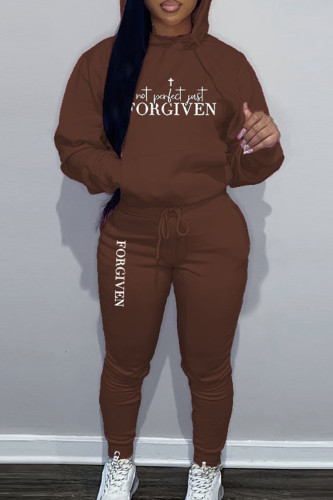 Brown Sportwear Casual Letter Print Hooded Collar Long Sleeve Sweatshirt And Draw String Pants Two Pieces Sweatsuit Sets