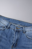 Blauwe sexy effen gescheurde patchwork zakknopen rits lage taille skinny denim jeans