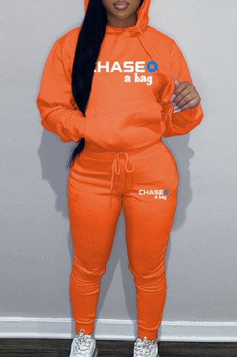 Orange Sportwear Casual Letter Print Hooded Collar Long Sleeve Sweatshirt And Draw String Pants Two Pieces Sweatsuit Sets