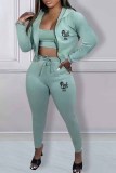 Light Blue Casual Print Letter Hooded Collar Long Sleeve Three Pieces