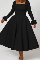 Zwarte elegante effen patchwork vierkante kraag A-lijn jurken