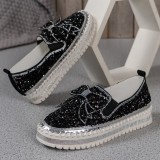 Zapatos planos cómodos redondos con diamantes de imitación y retazos informales negros para exteriores