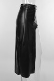 Negro Sexy parches lisos botones cremallera de apertura alta cintura alta Regular pantalones rectos de Color sólido