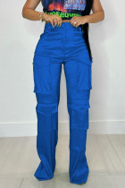 Синий Повседневный Уличный Однотонный Лоскутный карман Прямые прямые однотонные брюки с высокой талией