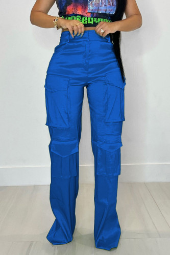 Azul Casual calle parches lisos bolsillo recto cintura alta pantalones rectos de color sólido