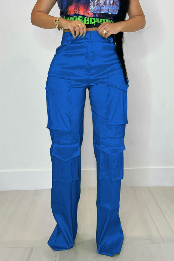 Blauwe casual straat effen patchwork zak recht hoge taille rechte effen kleur broek