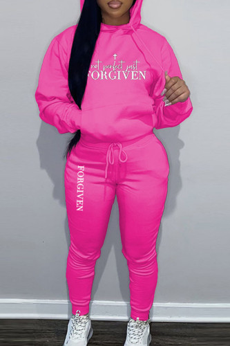 Rose Red Sportwear Casual Letter Print Hooded Collar Long Sleeve Sweatshirt And Draw String Pants Two Pieces Sweatsuit Sets
