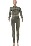 Green Casual Solid Patchwork O Neck Long Sleeve Two Pieces(Not Nnitted Fabric, Printed Texture)