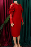 Röda Elegant Solid Lace Patchwork O Neck Inslagna kjolklänningar