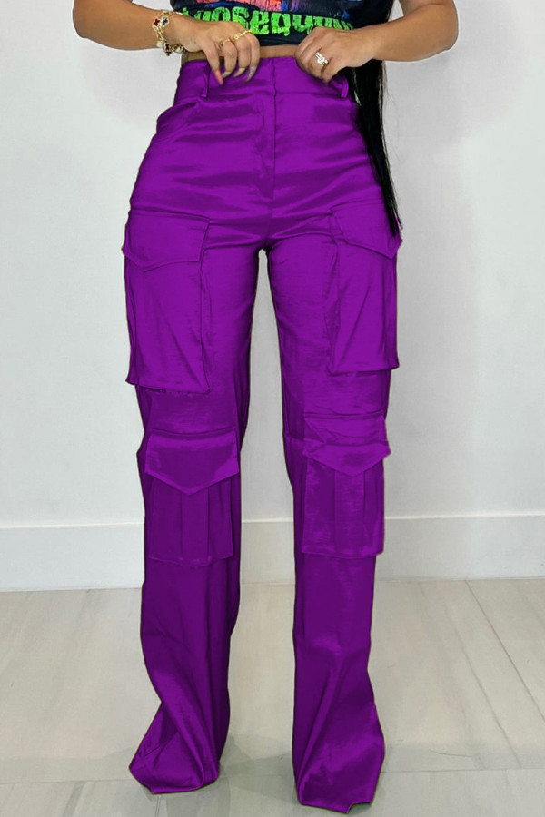 Pantalon décontracté violet uni, patchwork, taille haute, conventionnel, couleur unie