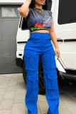 Azul Casual calle parches lisos bolsillo recto cintura alta pantalones rectos de color sólido
