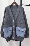 Grey Casual Solid Patchwork Buttons V Neck Outerwear