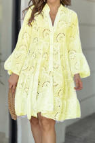 Yellow Elegant Solid Lace Hollowed Out V Neck A Line Dresses