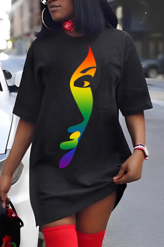Black Green Casual Print Basic O Neck T-shirt Dress Short Sleeve Dress