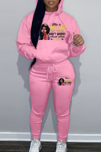 Pink Sportwear Casual Letter Print Hooded Collar Long Sleeve Sweatshirt And Draw String Pants Two Pieces Sweatsuit Sets
