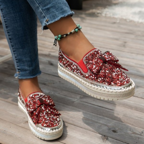 Rode casual patchwork met strik strass ronde comfortabele platte schoenen