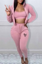 Pink Casual Print Letter Hooded Collar Long Sleeve Three Pieces
