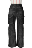 Черный Повседневный Уличный Однотонный Лоскутный Карман Прямые прямые однотонные брюки с высокой талией