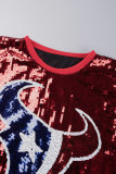 Robes droites décontractées rouges à col rond et patchwork avec lettres