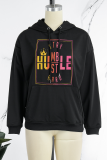 Black Casual Print Draw String Letter Hooded Collar Tops