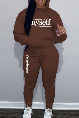 Brown Sportwear Casual Letter Print Hooded Collar Long Sleeve Sweatshirt And Draw String Pants Two Pieces Sweatsuit Sets