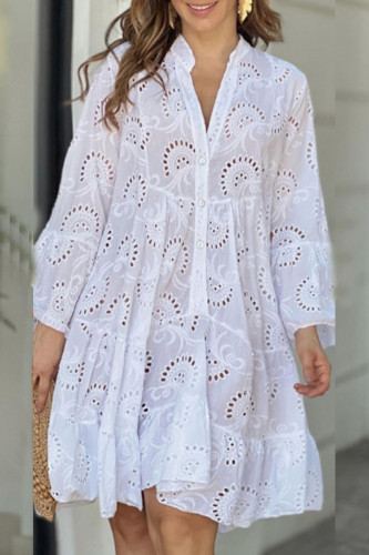White Elegant Solid Lace Hollowed Out V Neck A Line Dresses