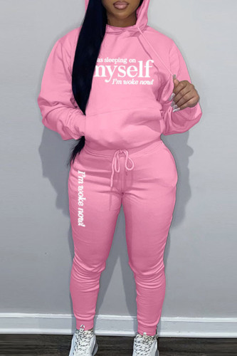 Pink Sportwear Casual Letter Print Hooded Collar Long Sleeve Sweatshirt And Draw String Pants Two Pieces Sweatsuit Sets