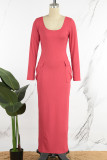 Rose Red Casual Solid Basic U-hals långärmade klänningar