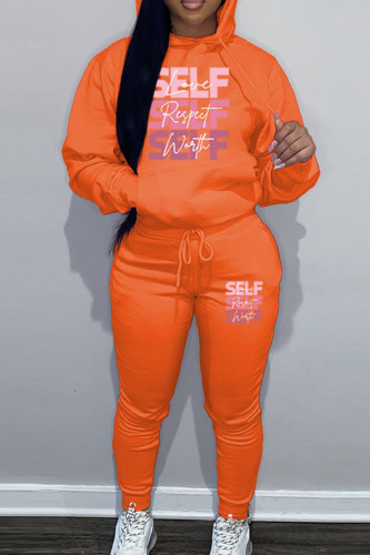 Orange Sportwear Casual Letter Print Hooded Collar Long Sleeve Sweatshirt And Draw String Pants Two Pieces Sweatsuit Sets